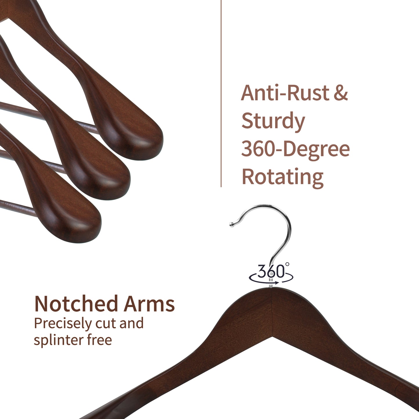 Walnut Brown Wide Shoulder Wooden Hanger With Swivel Hook