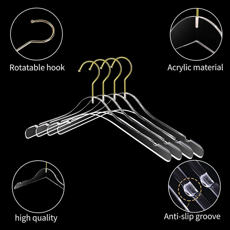 ゴールドフック付きクリアアクリルドレスハンガー